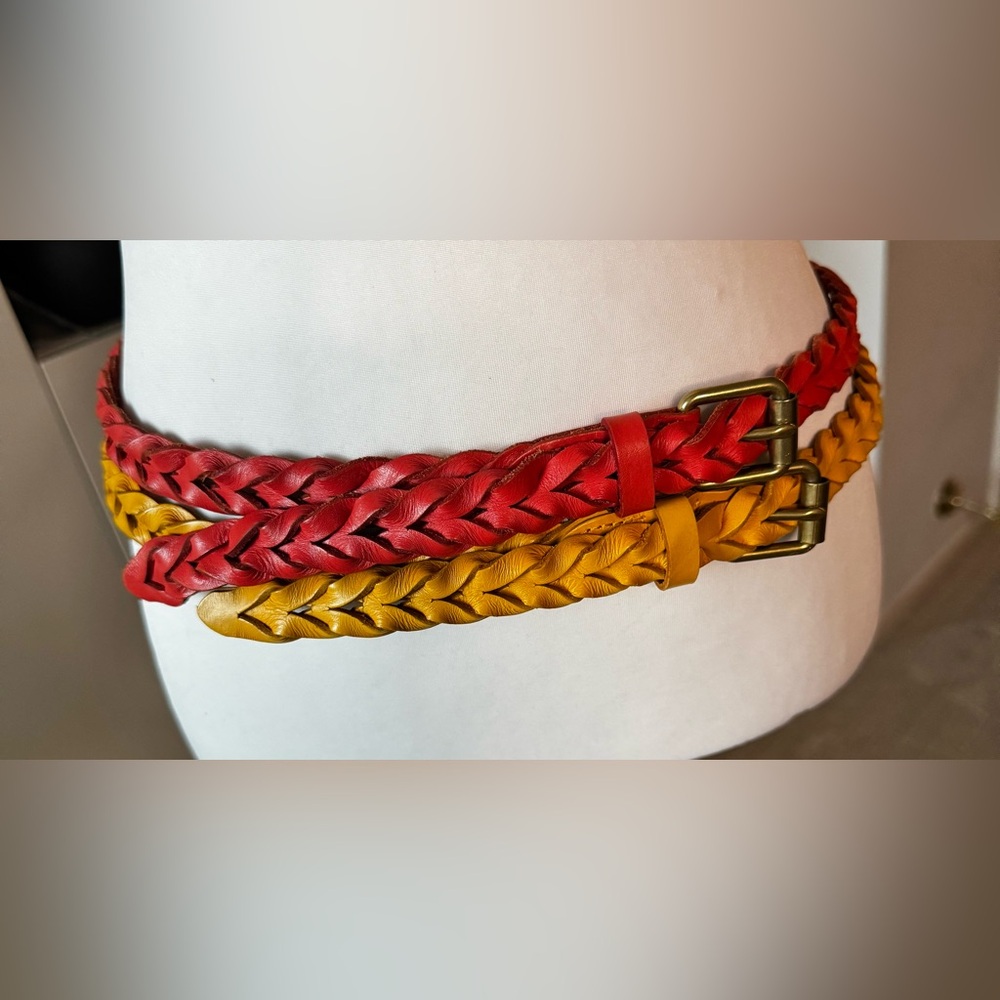 J.Crew Two Braided Leather Belts | Orange & Yellow Woven Brasstone Buckle S/M